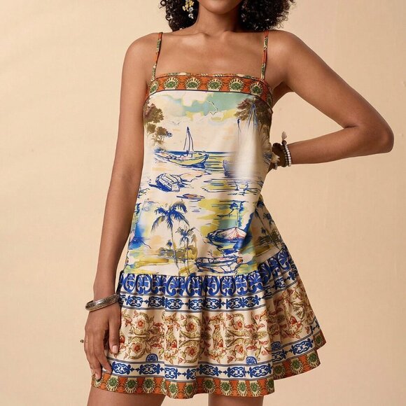 Multicolor Boho Women's Resort Ruffled Hem Spaghetti Strap Tropical Print Dress - Picture 4 of 7